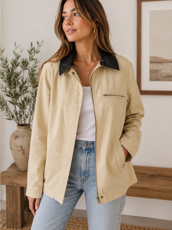 Nia Jackets & Blazers - NIA Beige Utility Jacket Black Faux Leather Collar Zip Snap Medium